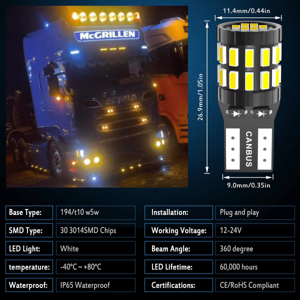 Amber 12/24v Capless LED Bulbs for Spot Lights, Side Lights, Interior Lights Canbus Free