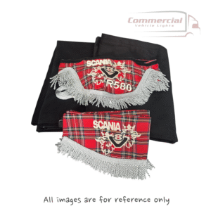 Scania Black Curtains with RED Tartan Pelmet