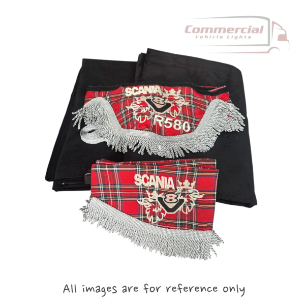 Scania Black Curtains with RED Tartan Pelmet