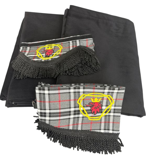 Scania Black Curtains with Grey Tartan Pelmet and Tassels